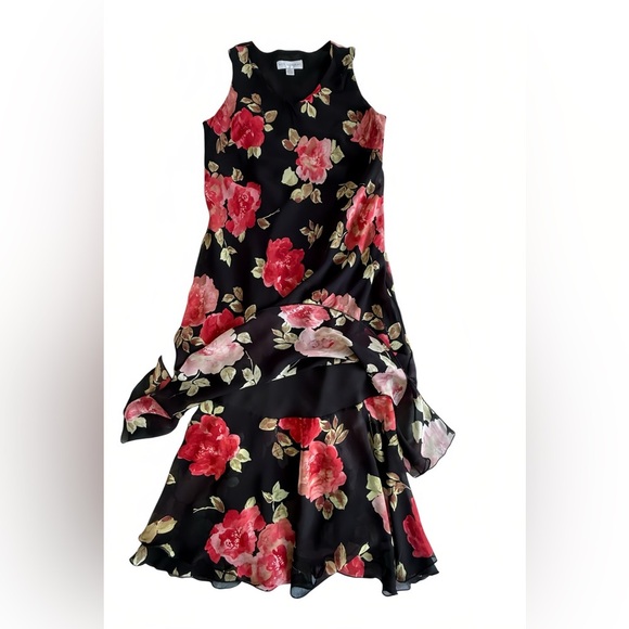 Vintage Petite Sophisticate Black Floral Midi Slip Dress Red Rose 6 Chiffon - Picture 10 of 10